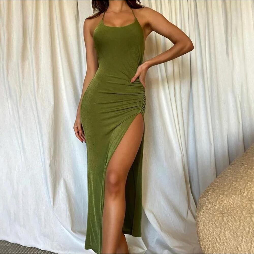 Green Ruched Maxi Dress with Slit Womens Medium